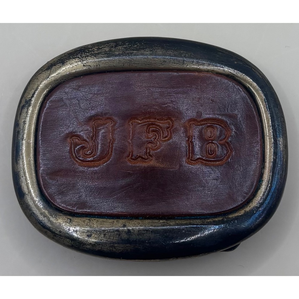 Western Belt‎ Buckle Brown Leather Inlay JFB Initials Antiqued Brass Tone